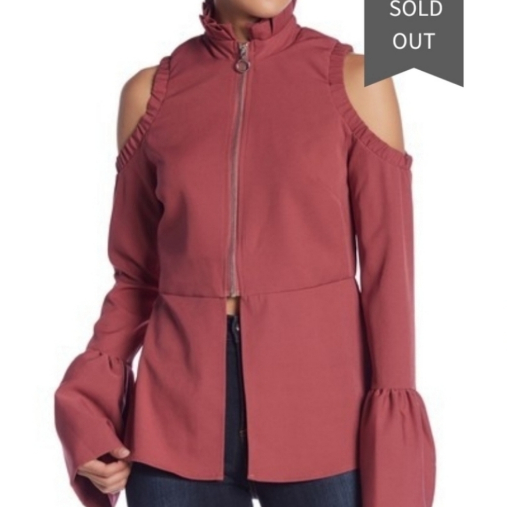 High neck peekaboo shoulder blouse